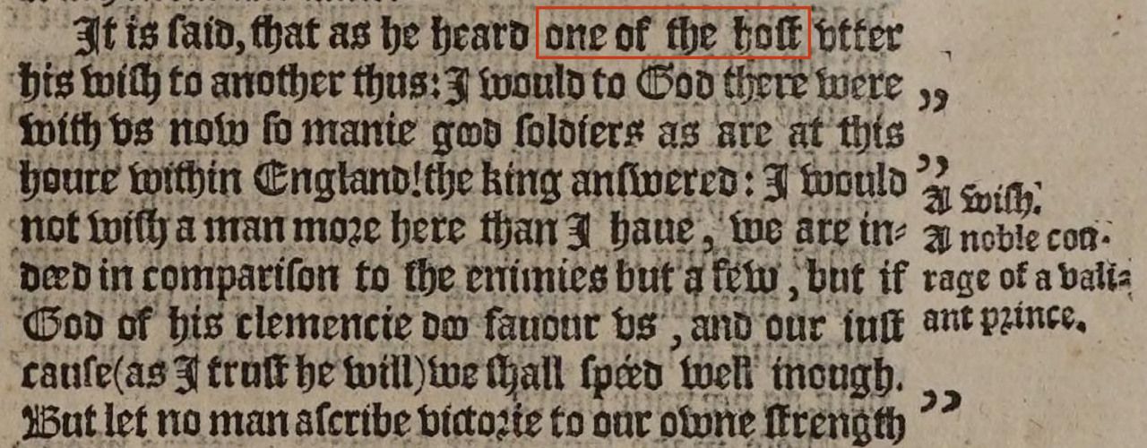 Holinshed, Chronicles (1587), III, p. 553, right column: the wish for more soldiers belongs to “one of the host.” The Folio gives it to Westmoreland. Colored outline added.