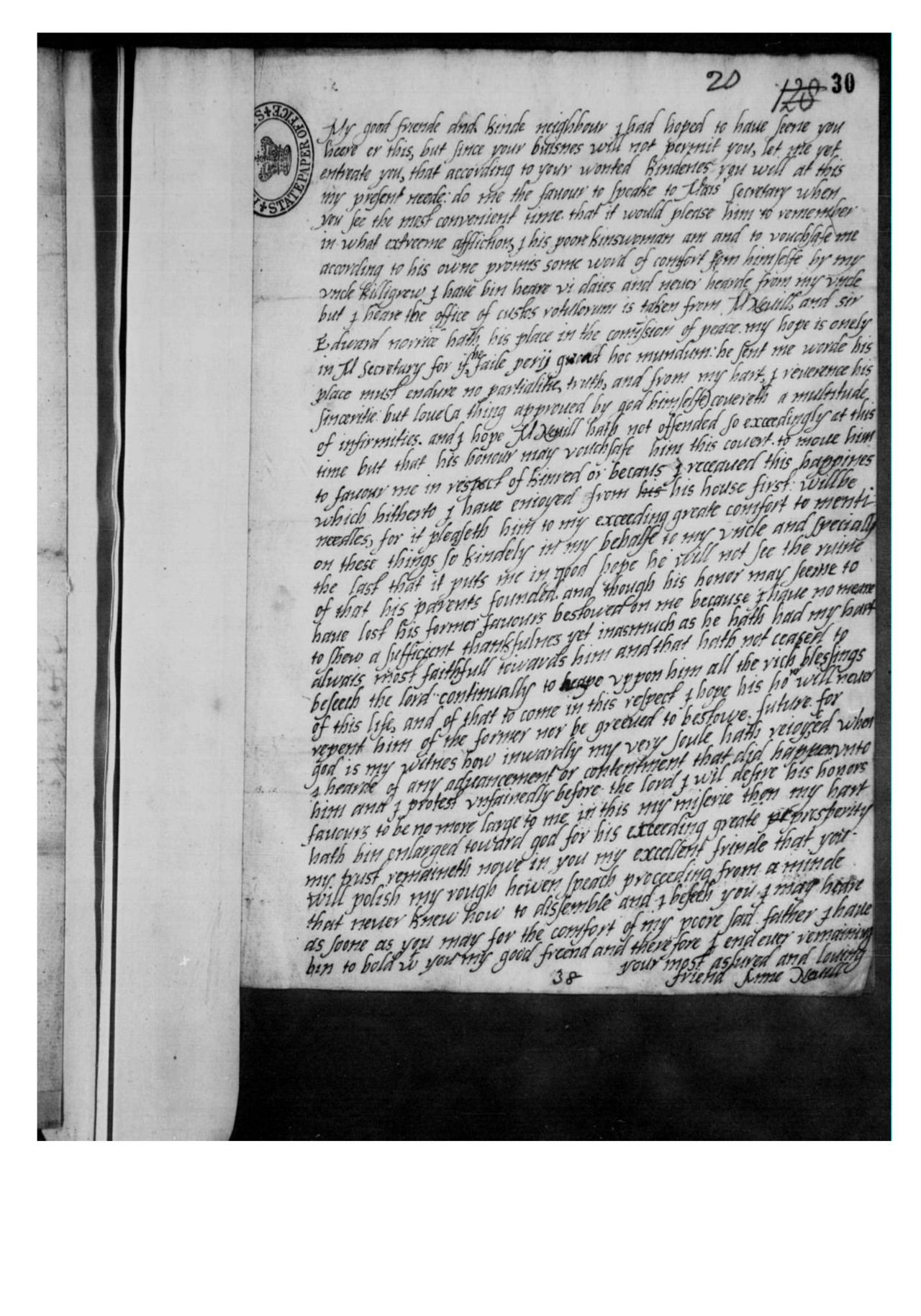 Anne Neville to Thomas Windebank, 6 March 1600/1. Her request to “polish my rough-hewn speech” appears near the foot of the letter. The National Archives, SP 12/279, f.30.