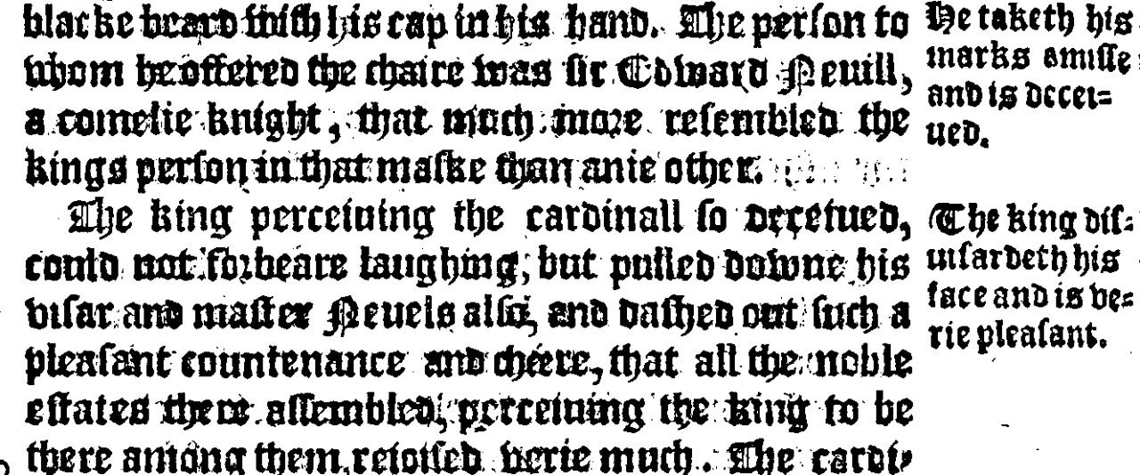 Continuation at the top of the right column: the mistaken choice is Sir Edward Neville; the king laughs and unmasks them both. Holinshed, volume III (1587), p. 922.