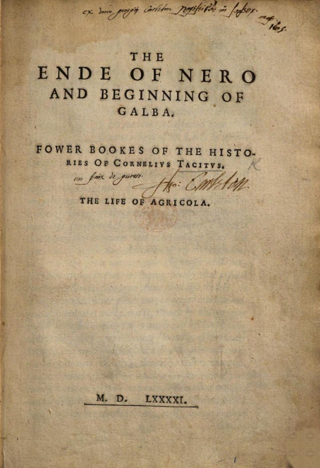 The title page of Savile’s Tacitus (1591), British Library copy digitized by Google Books. Widely spaced capitals and short centred lines.