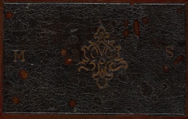 Mary Sidney’s initials, M.S., on older leather preserved in the later binding. Beinecke MS 1222. Yale University Library, image 16655096.
