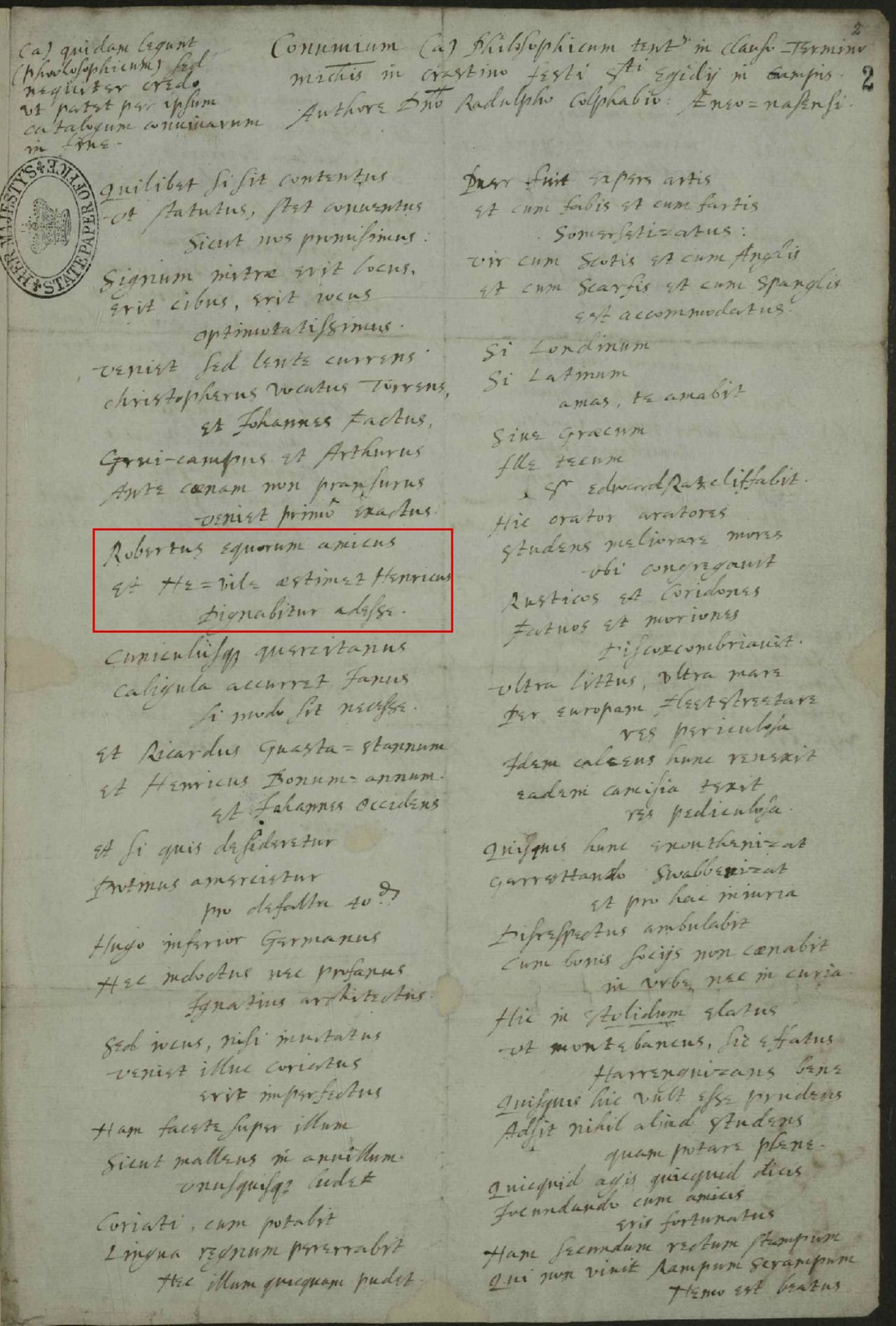 The opening leaf of the Convivium Philosophicum, including the Mitre setting and the Neville stanza, marked in red. The National Archives, SP 14/66, f. 2r.