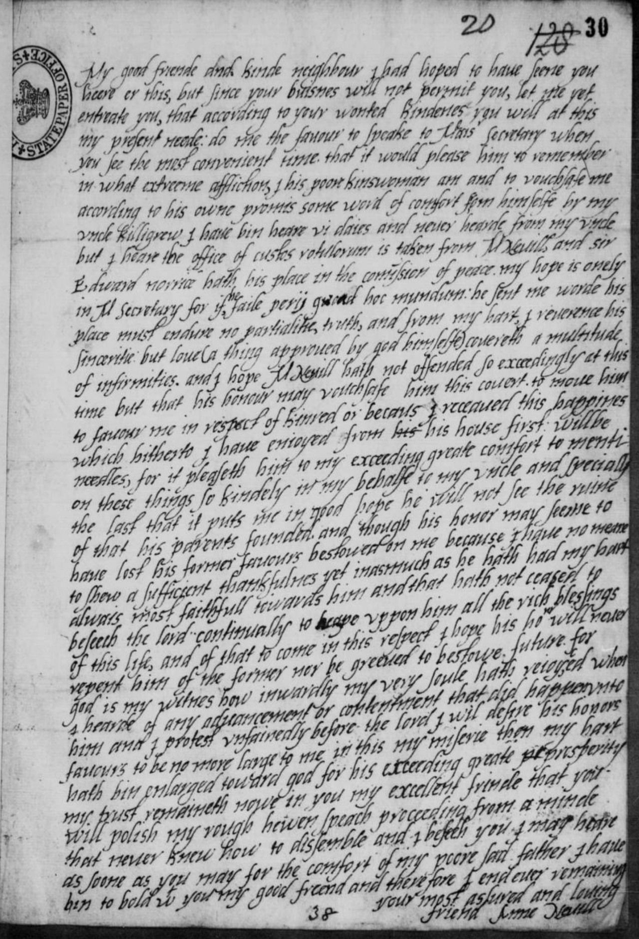 Anne Neville to Thomas Windebank, 6 March 1600/1. Her request to “polish my rough-hewn speech” appears near the foot of the letter. The National Archives, SP 12/279, f.30.