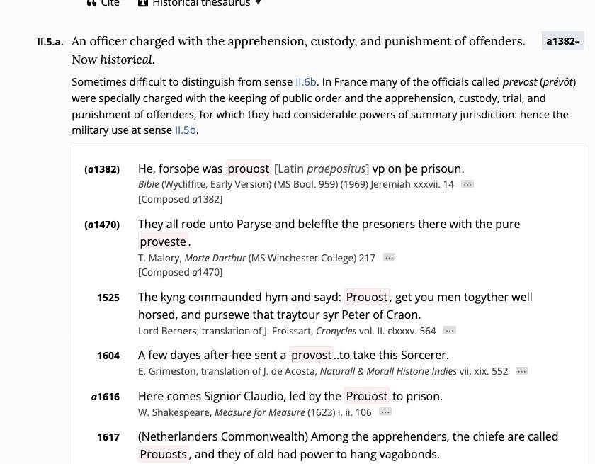 Oxford English Dictionary, “provost,” subsense II.5.a. The entry explains the French judicial usage and includes its citation from Measure for Measure, describing Claudio being led to prison.
