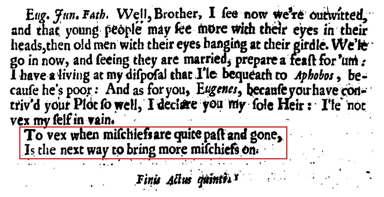 The closing speech and couplet in Robert Nevile’s The Poor Scholar (1662), act 5, scene 6. The father declares his son his sole heir before adapting the Othello couplet (boxed in red; annotation added). Source: the microfilm witness of Wing N524 associated with EEBO-TCP A52863.