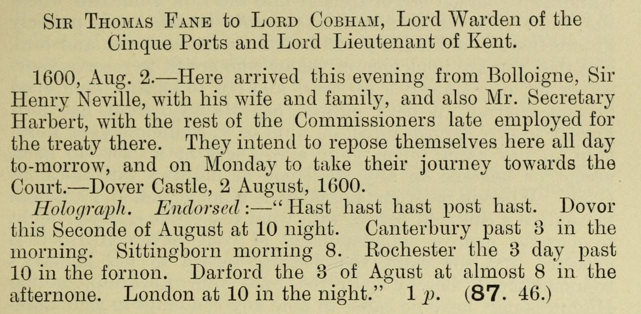 Fane’s arrival report and postal endorsements, enlarged from HMC, Salisbury Manuscripts, X (1904), p. 261, reference 87.46.