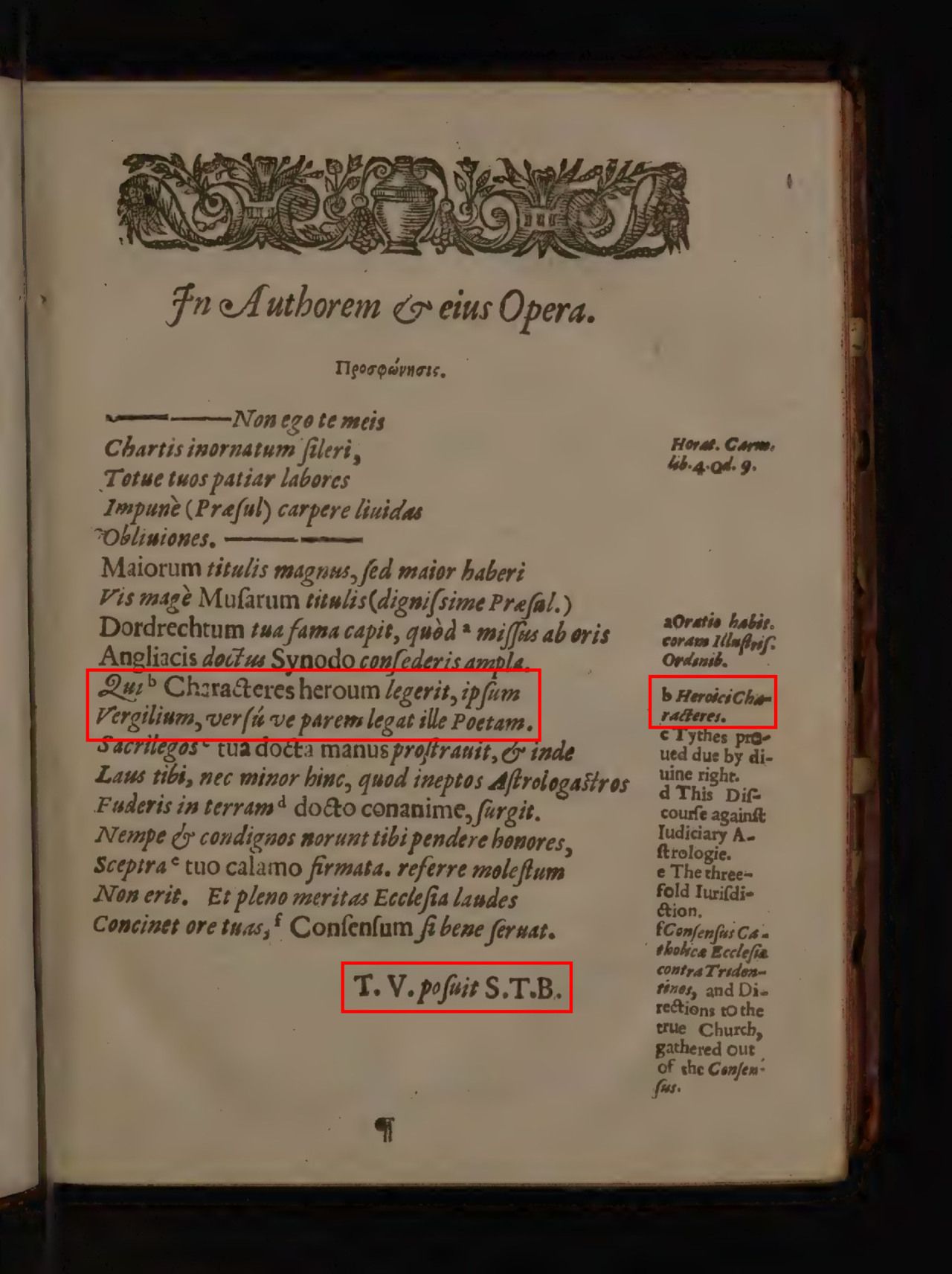 Vicars’s prefatory poem, “In Authorem & eius Opera.” Red boxes mark the reference to Characteres heroum, the marginal title Heroici Characteres, and Vicars’s initials.