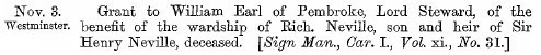 The calendar entry for 3 November 1629, identifying William, Earl of Pembroke, as recipient of the benefit of Richard Neville’s wardship. Calendar of State Papers, Domestic, Charles I, 1629–1631, p. 86, detail.