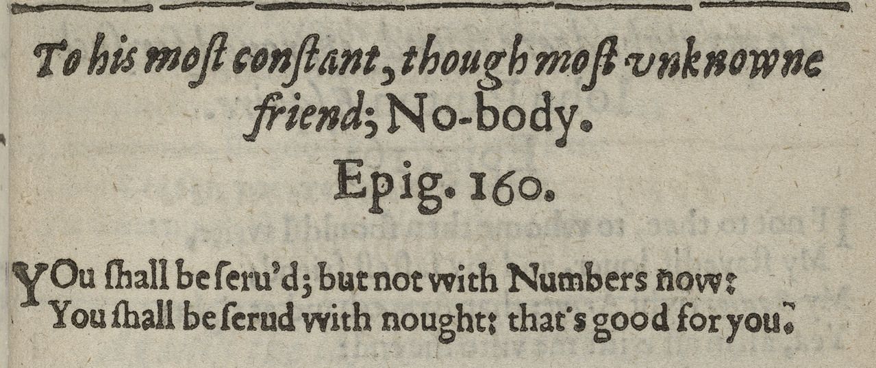 Davies’s epigram 160, “No-body,” on p. 77. Folger Shakespeare Library, STC 6341; cropped photograph, CC BY-SA 4.0.