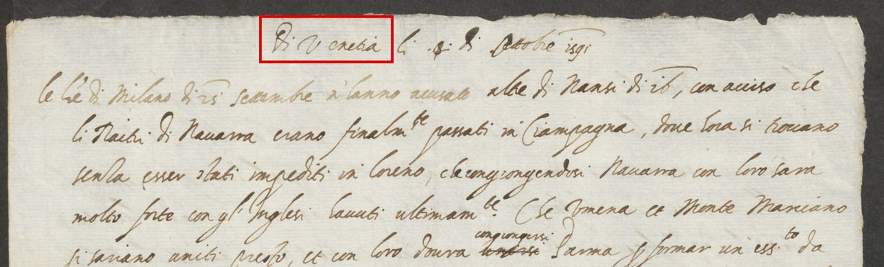 Opening of the newsletter dated Venice, 4 October 1591; the red box marks Di Venetia.