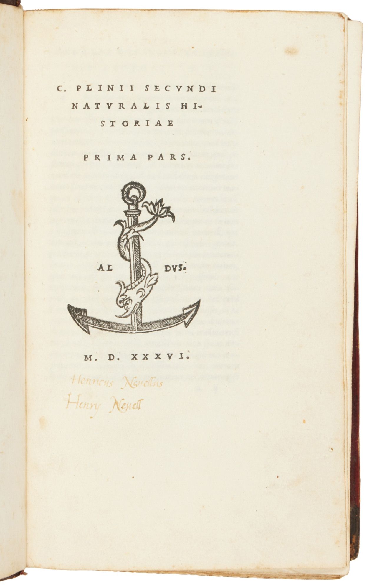 Title page of the first volume of Pliny’s Natural History (Venice, 1536), bearing Henry Neville’s name in Latin and English below the printer’s device and date. Photograph: Sotheby’s, Bibliotheca Brookeriana, 2025, lot 1325.