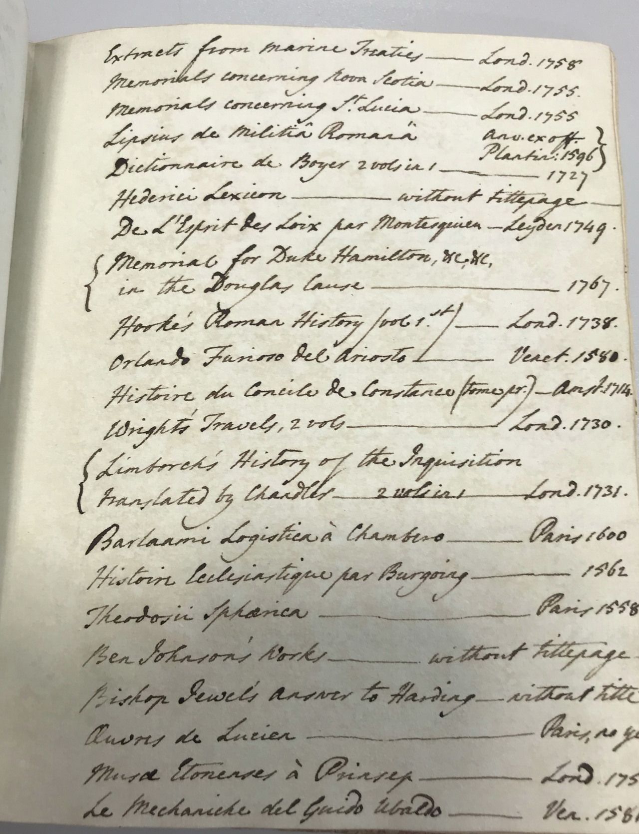 A catalogue leaf records Lipsius, Ariosto, Chamber’s Barlaam, Theodosius and Guidobaldo’s mechanics among later additions. Royal Berkshire Archives, D/EN/F37/1.