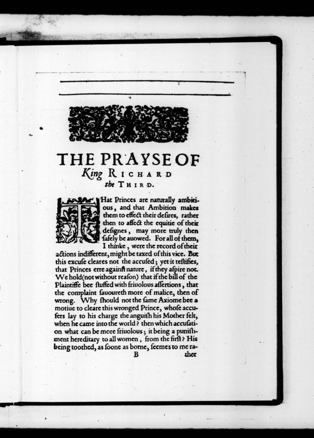 The opening of “The Prayse of King Richard the Third” in Thorpe’s 1616 edition, signature B1r. Internet Archive, leaf n4.