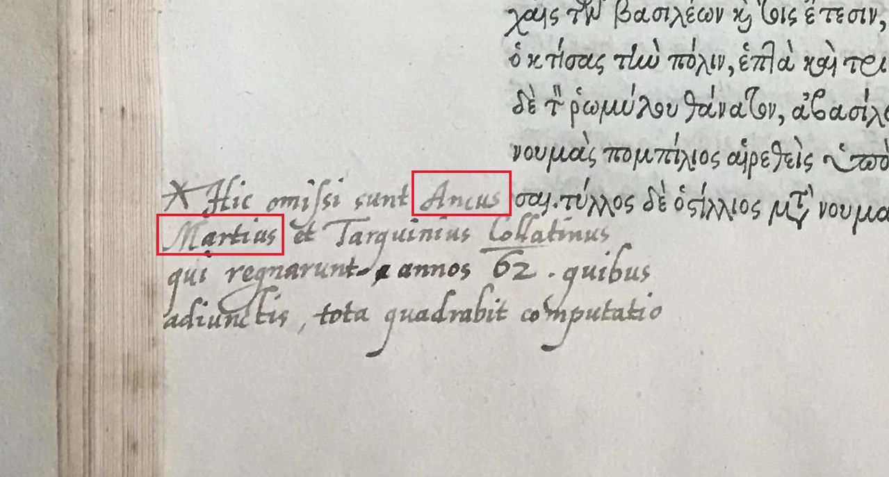 Neville’s chronological correction in Dionysius, Roman Antiquities (Paris, 1546), Audley End copy, p. 45. Red outlines identify “Ancus Martius,” written across two lines.
