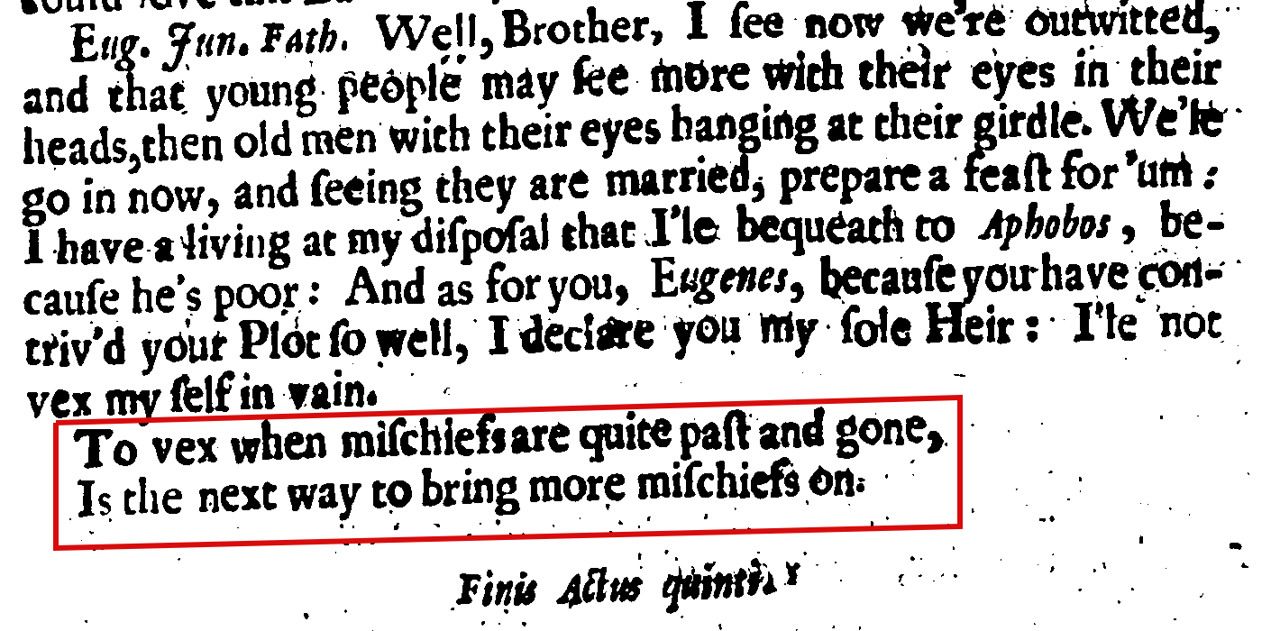 The closing speech and couplet in Robert Nevile’s The Poor Scholar (1662), act 5, scene 6. The father declares his son his sole heir before adapting the Othello couplet (boxed in red; annotation added). Source: the microfilm witness of Wing N524 associated with EEBO-TCP A52863.