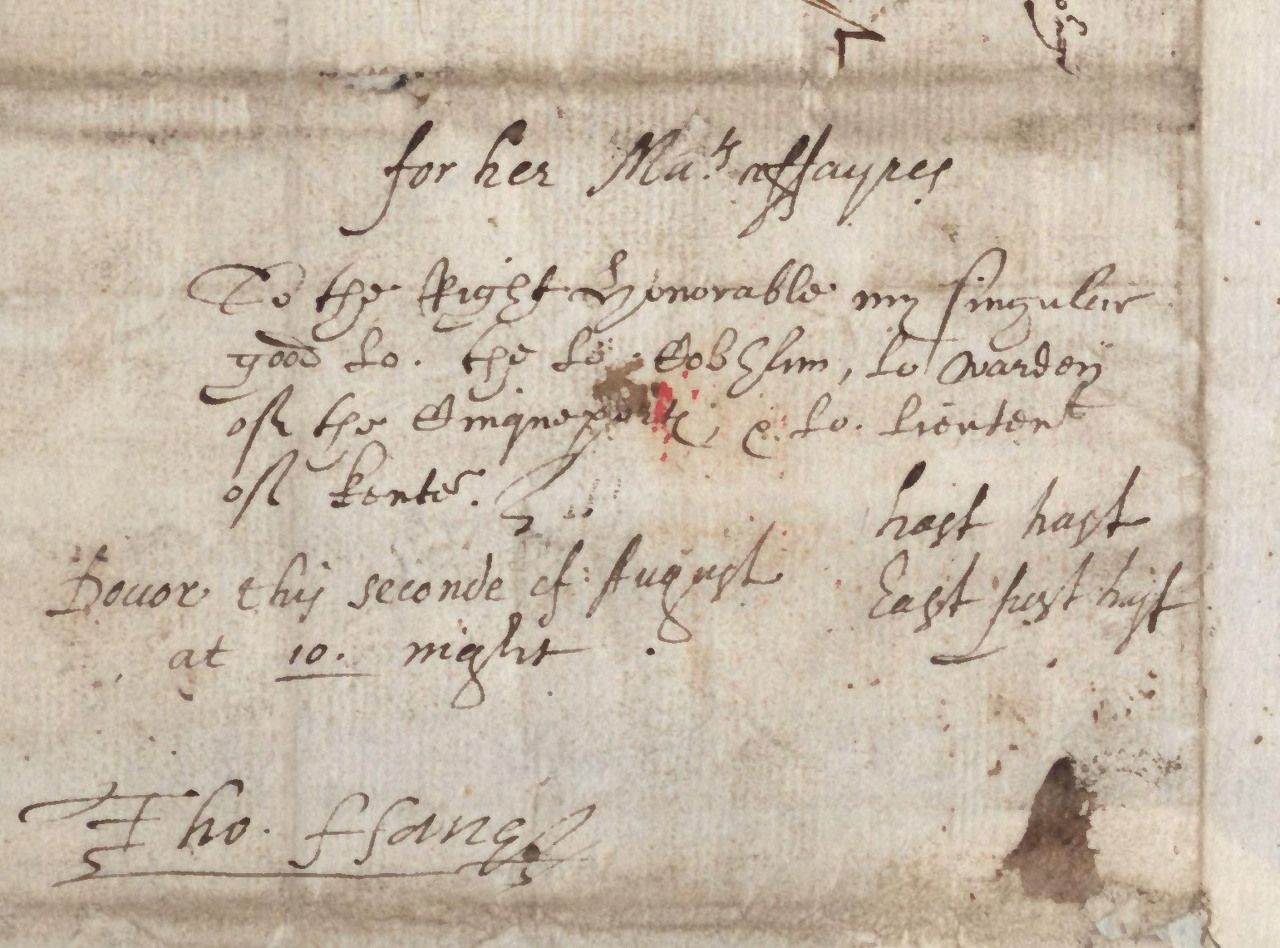 The address and Dover despatch endorsement: 2 August at ten at night. Enlarged and turned for reading. Hatfield, Cecil Papers 87/46. Image © Hatfield House Archives, 2010 / ProQuest, The Cecil Papers.