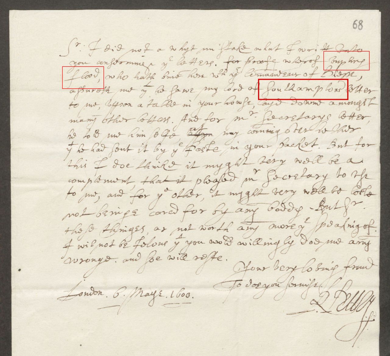 Robert Drury to Henry Neville, 6 May 1600. Humphrey Fludd’s name, divided between two lines, and the reference to Southampton are outlined in red. The National Archives, PRO 30/50/2, fol. 97. Source and transcription .