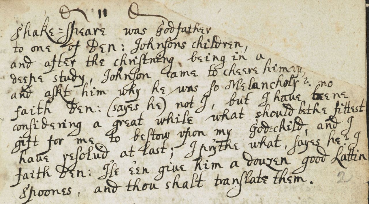 The complete “Latin spoons” jest, no. 11, in Sir Nicholas L’Estrange’s manuscript, c. 1650. British Library, Harley MS 6395, fol. 2r, detail. British Library image contributed to the Folger’s Shakespeare Documented under the Public Domain Mark.