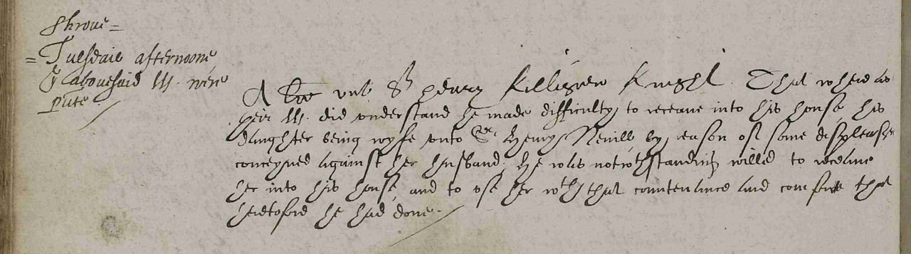The Privy Council’s instruction to Sir Henry Killigrew to receive his daughter with his former “countenance and comfort,” Shrove Tuesday, February 1601. Detail: The National Archives, PC 2/26, catalogued f.92.