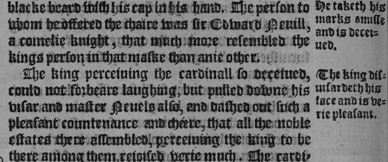 Continuation at the top of the right column: the mistaken choice is Sir Edward Neville; the king laughs and unmasks them both. Holinshed, volume III (1587), p. 922.