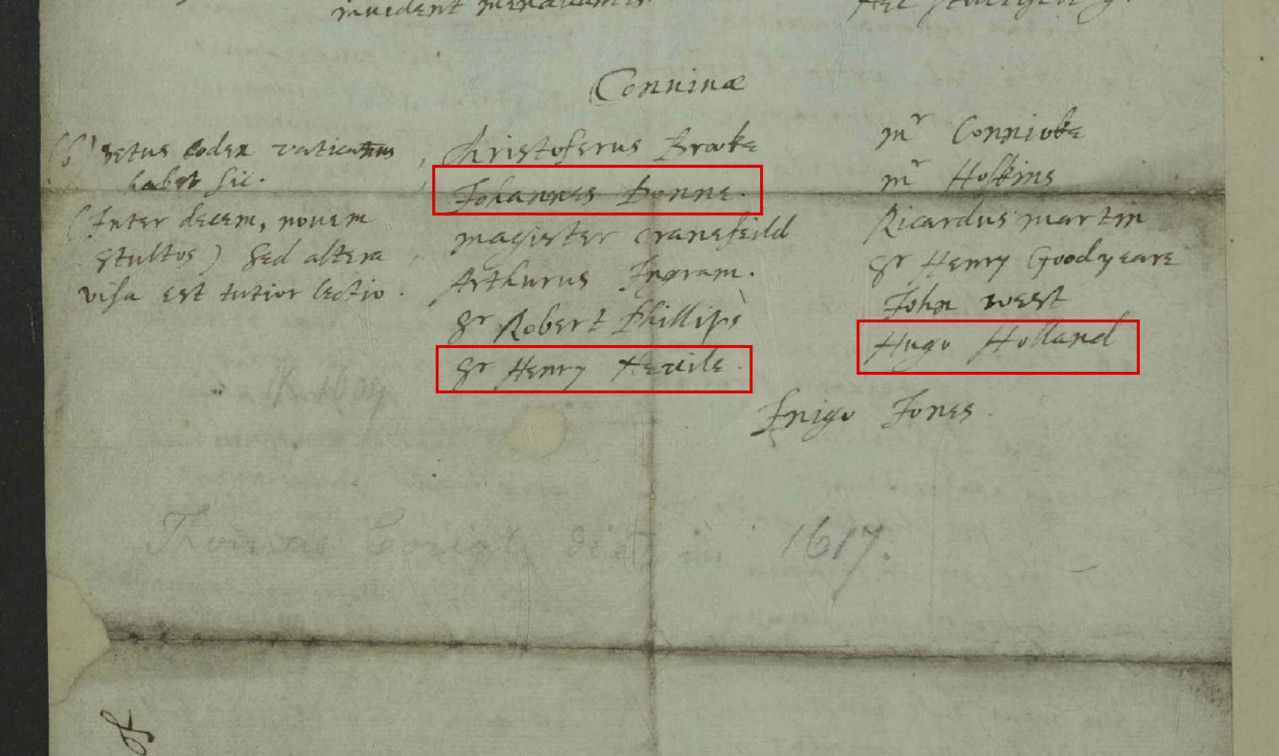 The list headed Conuiua beneath the poem. Red boxes mark John Donne, Sir Henry Neville and Hugh Holland. The National Archives, SP 14/66, f. 2v.