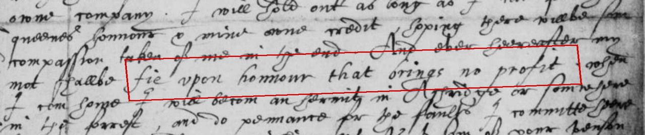 Neville to Thomas Windebank, Paris, 10 January 1599/1600. The National Archives, SP 12/274, f.15. Detail; red box marks “fie upon honour that brings no profit.”
