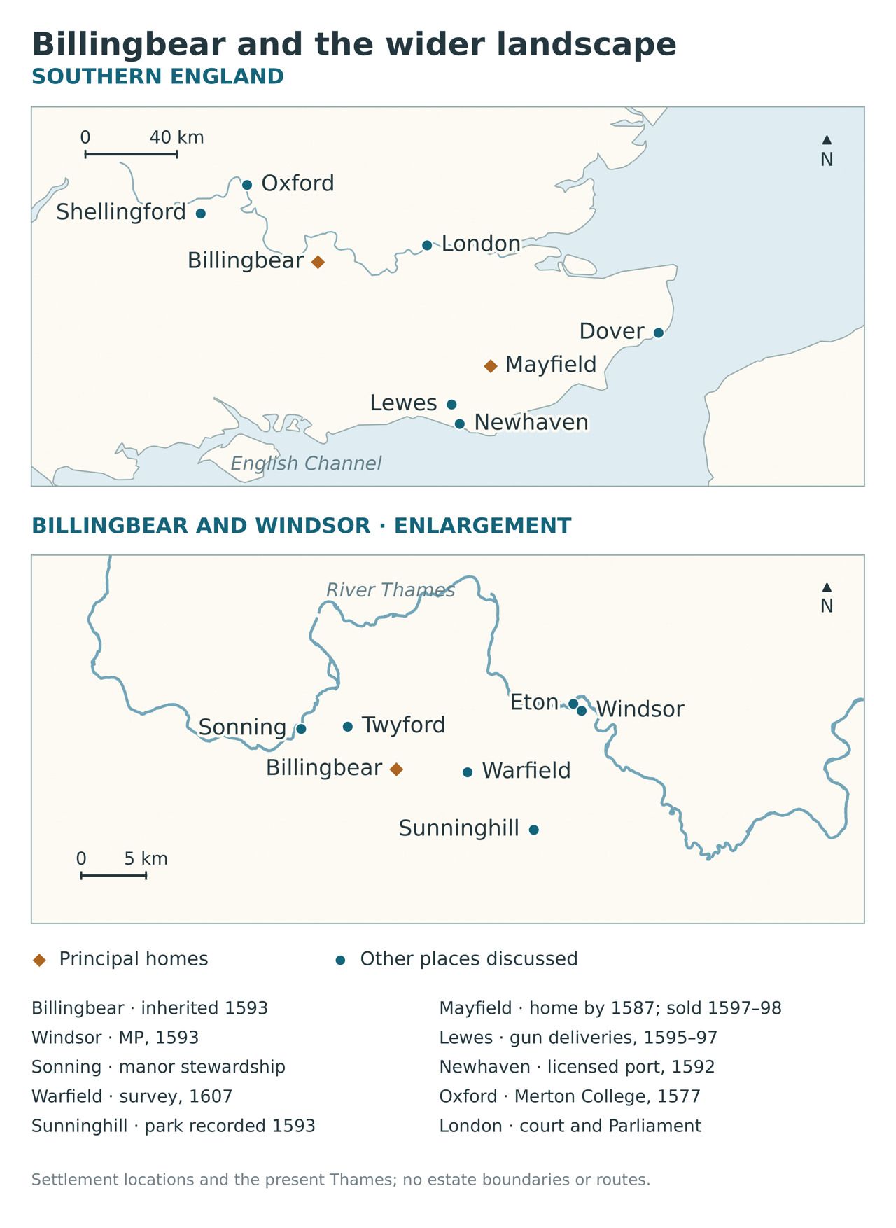 Neville’s southern English settings, with an enlargement of the Billingbear–Windsor area. The map locates places discussed in Chapters 1–9; it does not reconstruct property limits or travel routes.