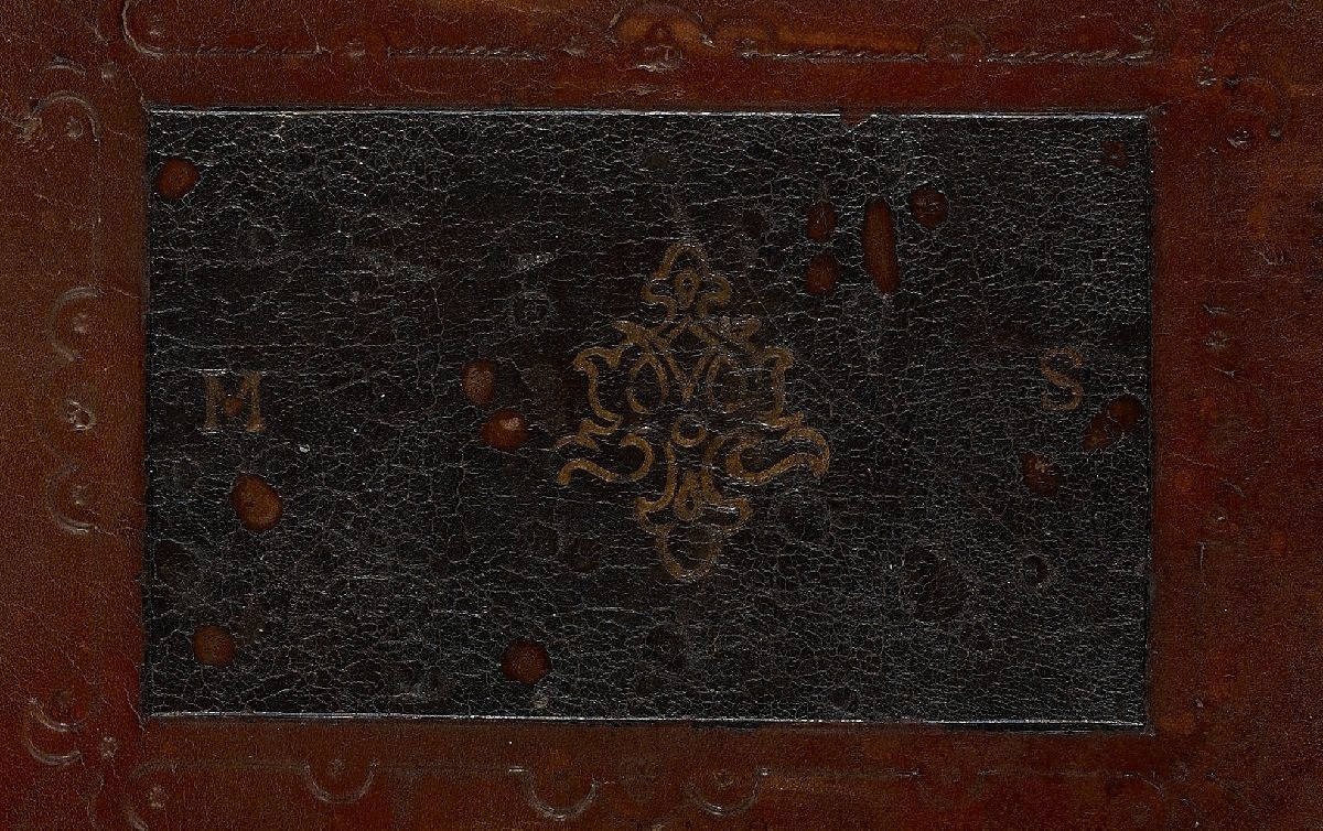 Mary Sidney’s initials, M.S., on older leather preserved in the later binding. Beinecke MS 1222. Yale University Library, image 16655096.