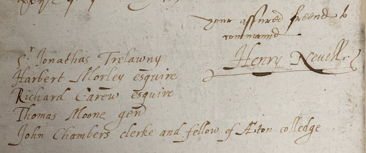The five names Neville wrote out in his own handwriting for inclusion in his passport, with his signature alongside. Letter to Thomas Windebank, 17 February 1598/9.