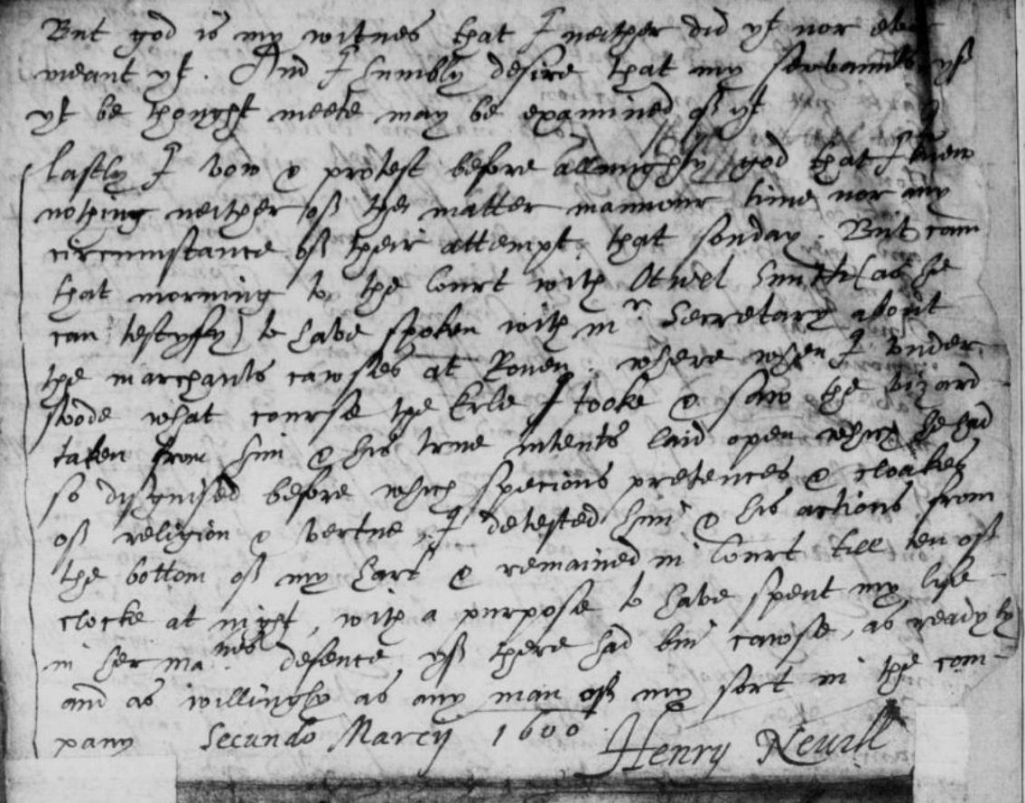 Detail of the final page of Henry Neville’s declaration, 2 March 1601, with his signature beside the date. The manuscript dates it 2 March 1600, before the English year changed on 25 March. The National Archives, SP 12/279, document beginning at f.15.