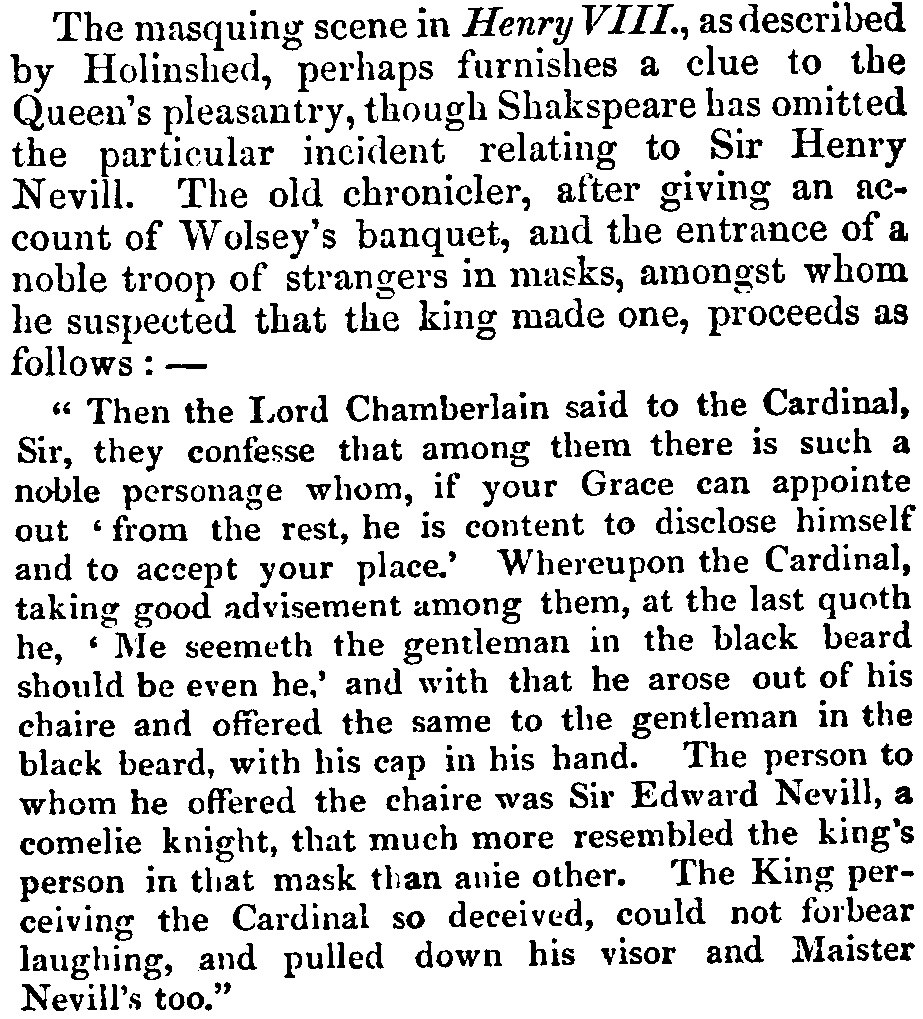 Lord Braybrooke, Notes and Queries, volume II, no. 50 (12 October 1850), p. 307. Detail of the masque discussion and the quoted recognition episode; the parentage anecdote is reproduced in Appendix C.