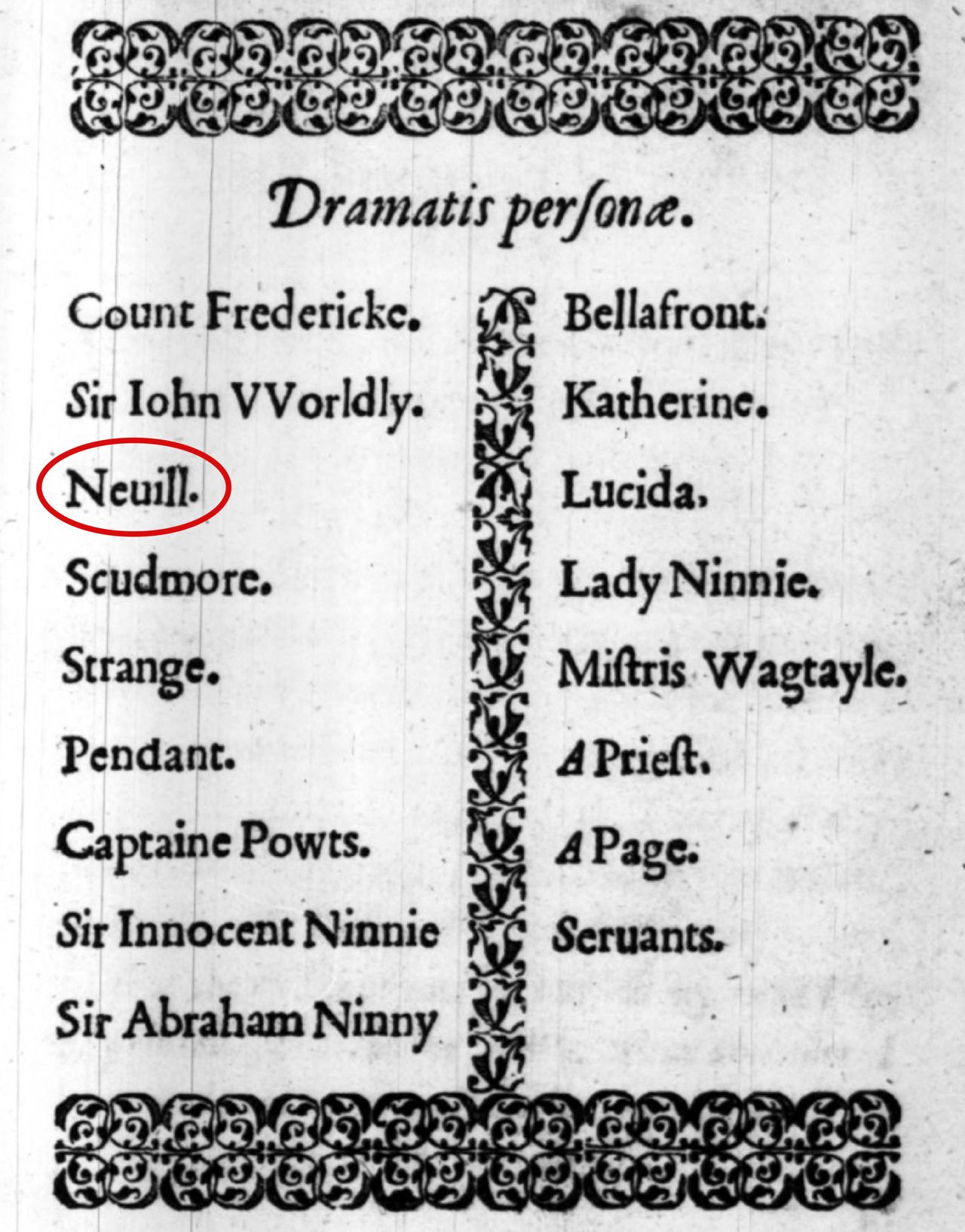 The dramatis personae, with Neuill circled in red.