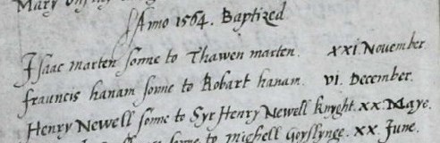 Henry Neville’s baptism entry in the St Ann Blackfriars parish register, dated 20 May beneath the 1564 heading.