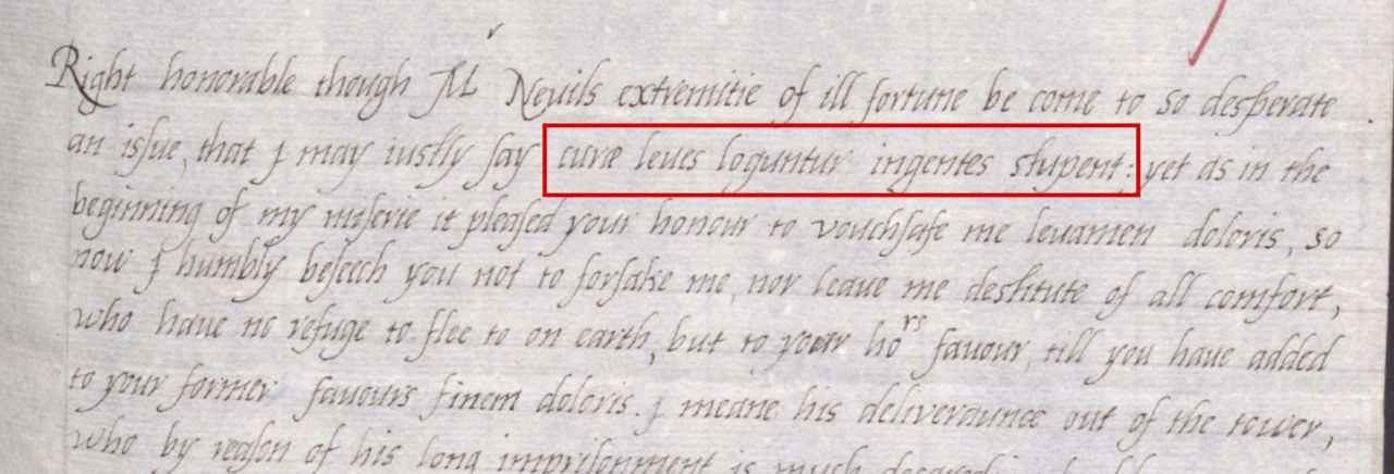 Opening of Anne Neville’s letter to Robert Cecil, endorsed 23 May 1602. The Senecan maxim appears in the second line. Manuscript detail: Hatfield House, Cecil Papers 93/72; the linked published calendar identifies the letter but omits its Latin.