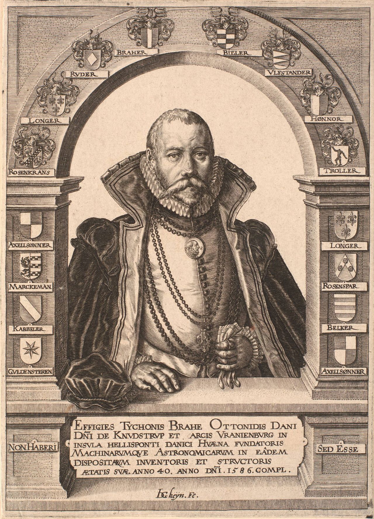 Jacques de Gheyn II, Tycho Brahe, catalogued by Statens Museum for Kunst as 1588–1590. ROSENKRANS appears on the left side of the arch; GVLDENSTEREN appears below the lowest shield on the left column. SMK, KKSgb7575, public domain.