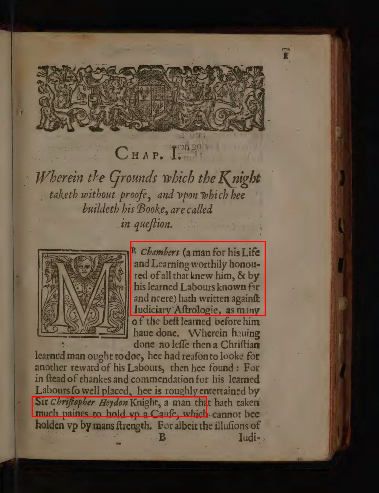 The first page of Astrologomania names and praises Chamber before identifying Heydon as his opponent. The red boxes mark both names and the praise of Chamber.