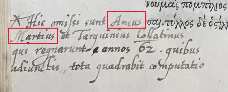 Neville’s chronological correction in Dionysius, Roman Antiquities (Paris, 1546), Audley End copy, p. 45. Red outlines identify “Ancus Martius,” written across two lines.