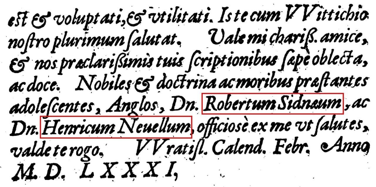 Closing lines of Dudith’s letter to Hagecius, dated Breslau, 1 February 1581, printed at the front of Hagecius’s book on comets. The passage names Robert Sidney and Henry Neville and praises their learning and character. Red boxes identify Robert Sidney and Henry Neville.