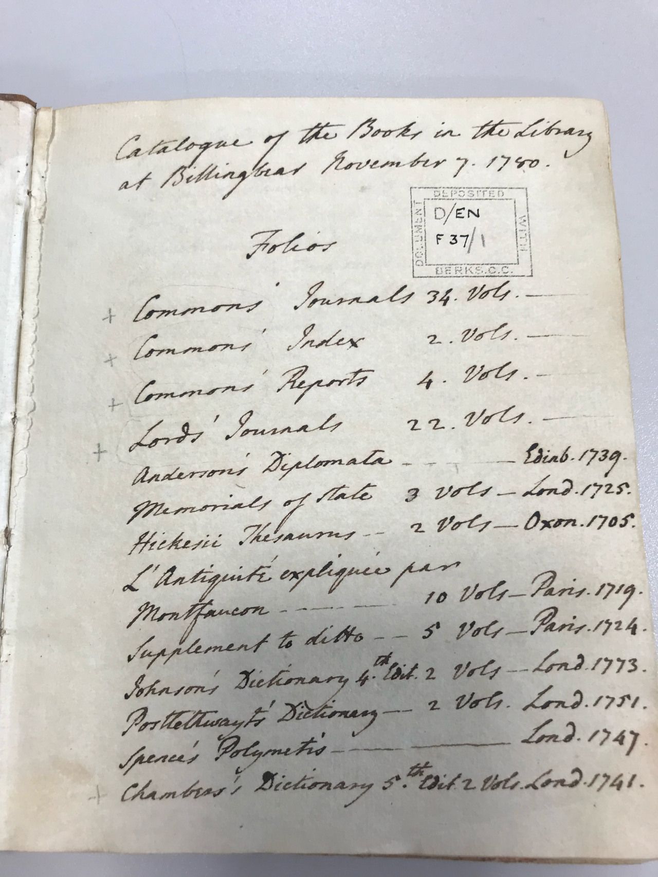 The complete first page of the Billingbear library catalogue, dated 7 November 1780. Royal Berkshire Archives, D/EN/F37/1.