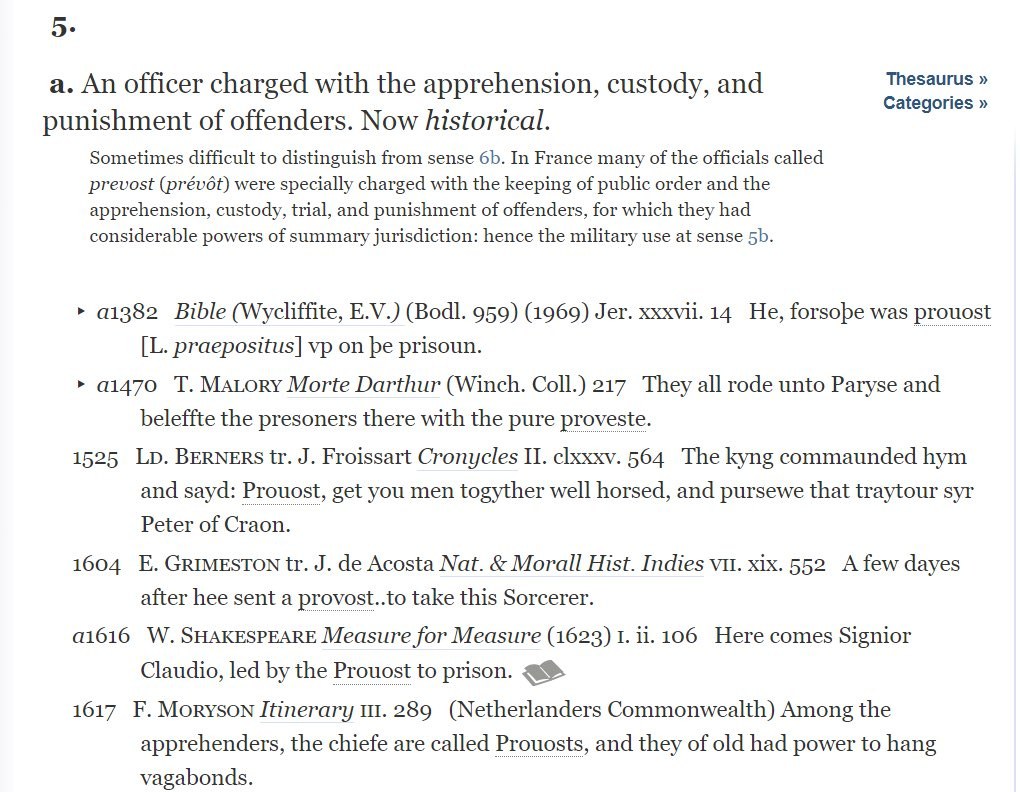 Oxford English Dictionary, “provost,” sense 5a. The entry explains the French judicial usage and includes its citation from Measure for Measure, describing Claudio being led to prison. Entry image preserved in Ken Feinstein’s post of 20 October 2020.