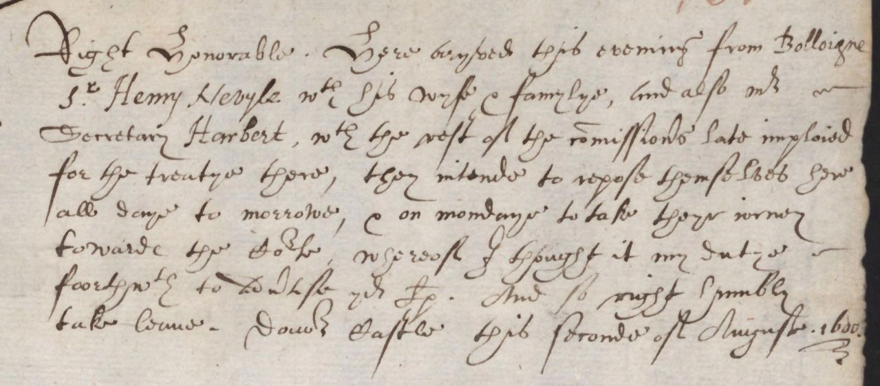 Original letter: Fane to Cobham, Dover Castle, 2 August 1600. Enlarged text from Hatfield, Cecil Papers 87/46. Image © Hatfield House Archives, 2010 / ProQuest, The Cecil Papers.