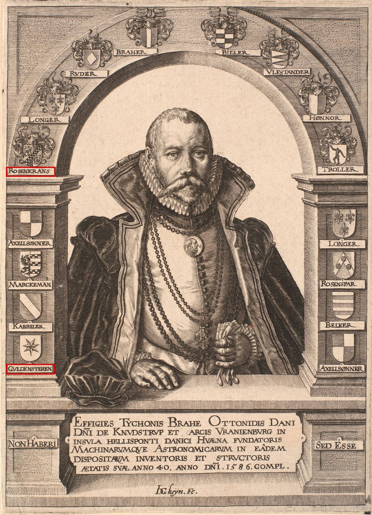 Jacques de Gheyn II, Tycho Brahe, catalogued by Statens Museum for Kunst as 1588–1590. ROSENKRANS appears on the left side of the arch; GVLDENSTEREN appears below the lowest shield on the left column. Red boxes mark the two names. SMK, KKSgb7575, public domain.