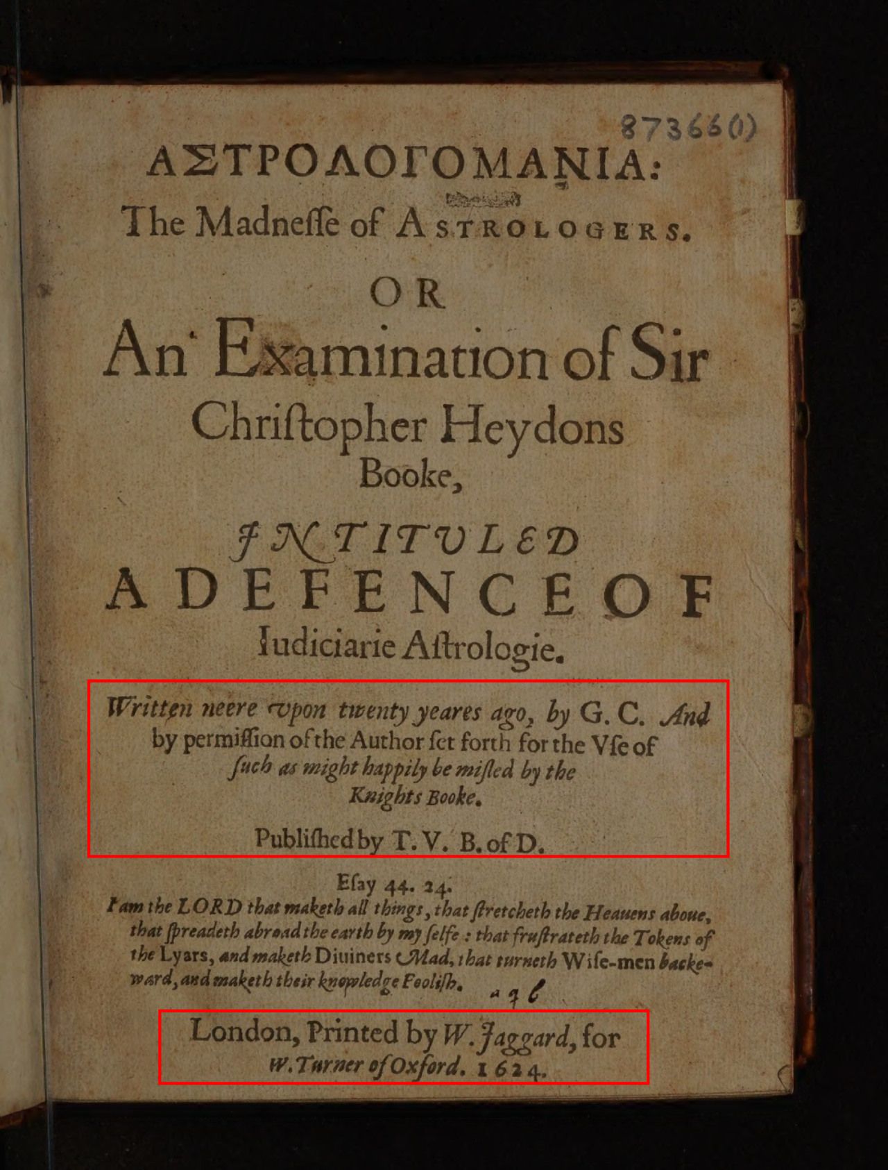 The title page of Astrologomania (1624). The red boxes identify the retrospective composition statement, “Published by T. V.,” and the Jaggard–Turner imprint. Wellcome copy, Internet Archive b30320434.