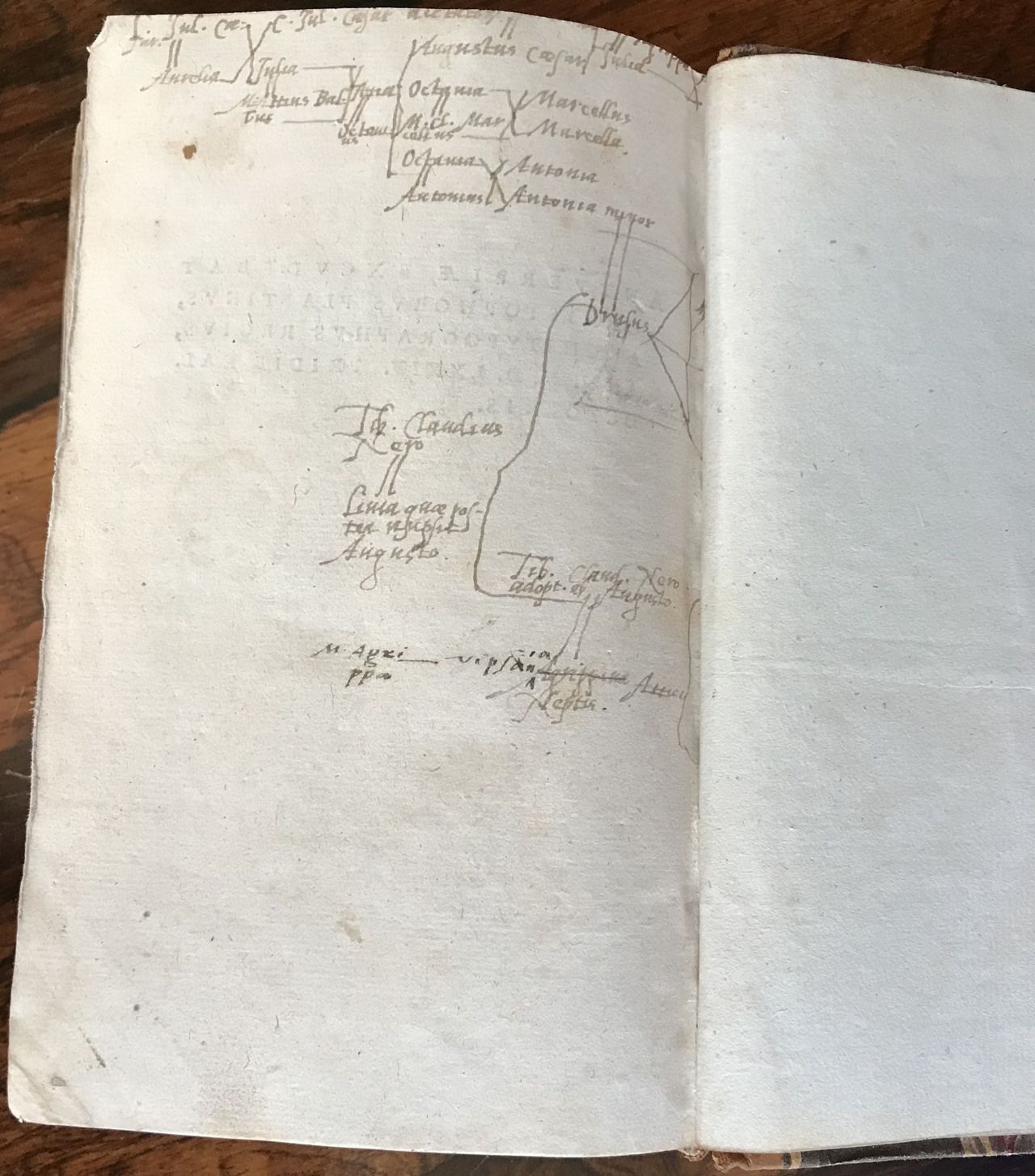 The rear end page of the Audley End Tacitus, with its hand-drawn imperial genealogy. Full photograph, including the facing leaf.
