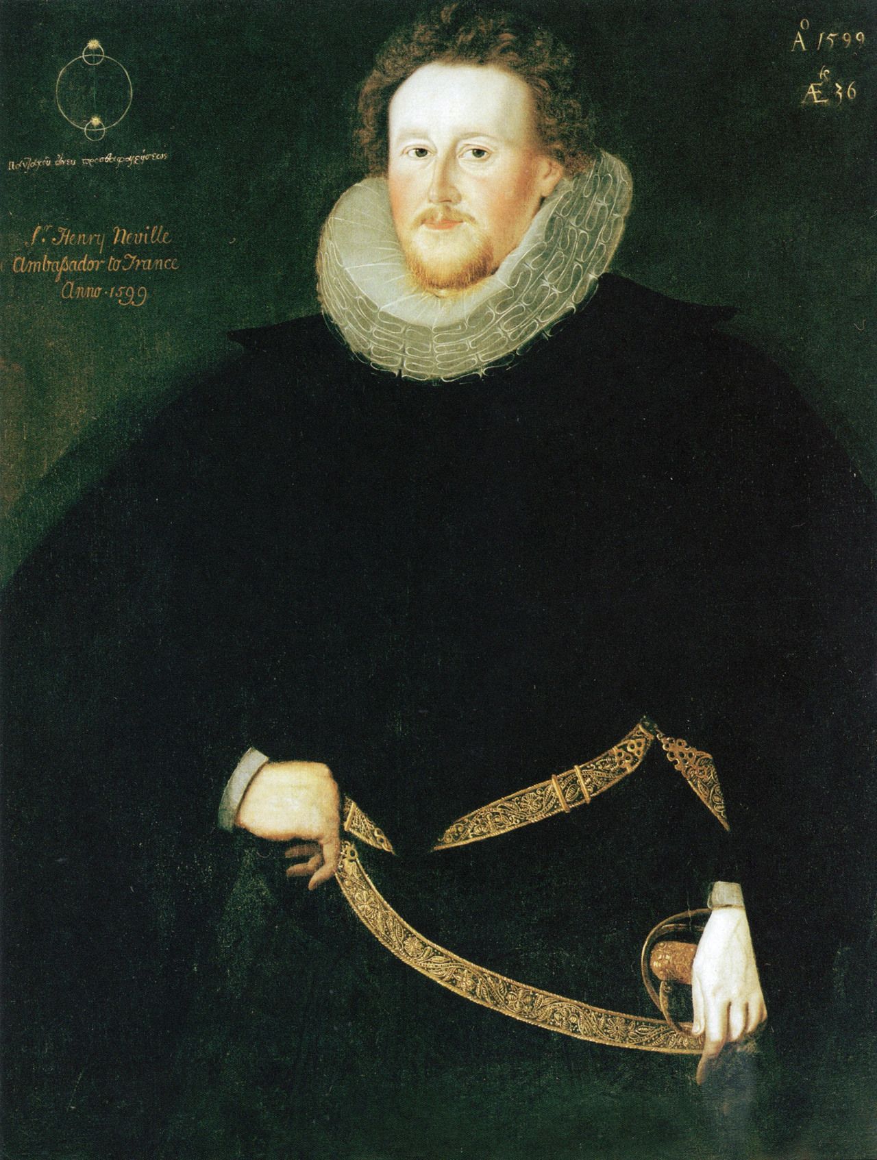Henry Neville, 1599. The Greek inscription and astronomical diagram appear at upper left. Audley End; painter tentatively identified as Marcus Gheeraerts the Younger. Image: Wikimedia Commons; object identification: GrECI catalogue.