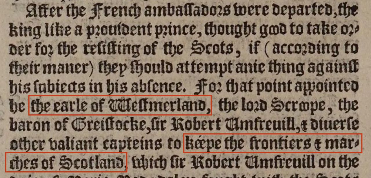 Holinshed, Chronicles (1587), III, p. 548, left column: Westmoreland is assigned to guard the Scottish frontier. Colored outlines added.