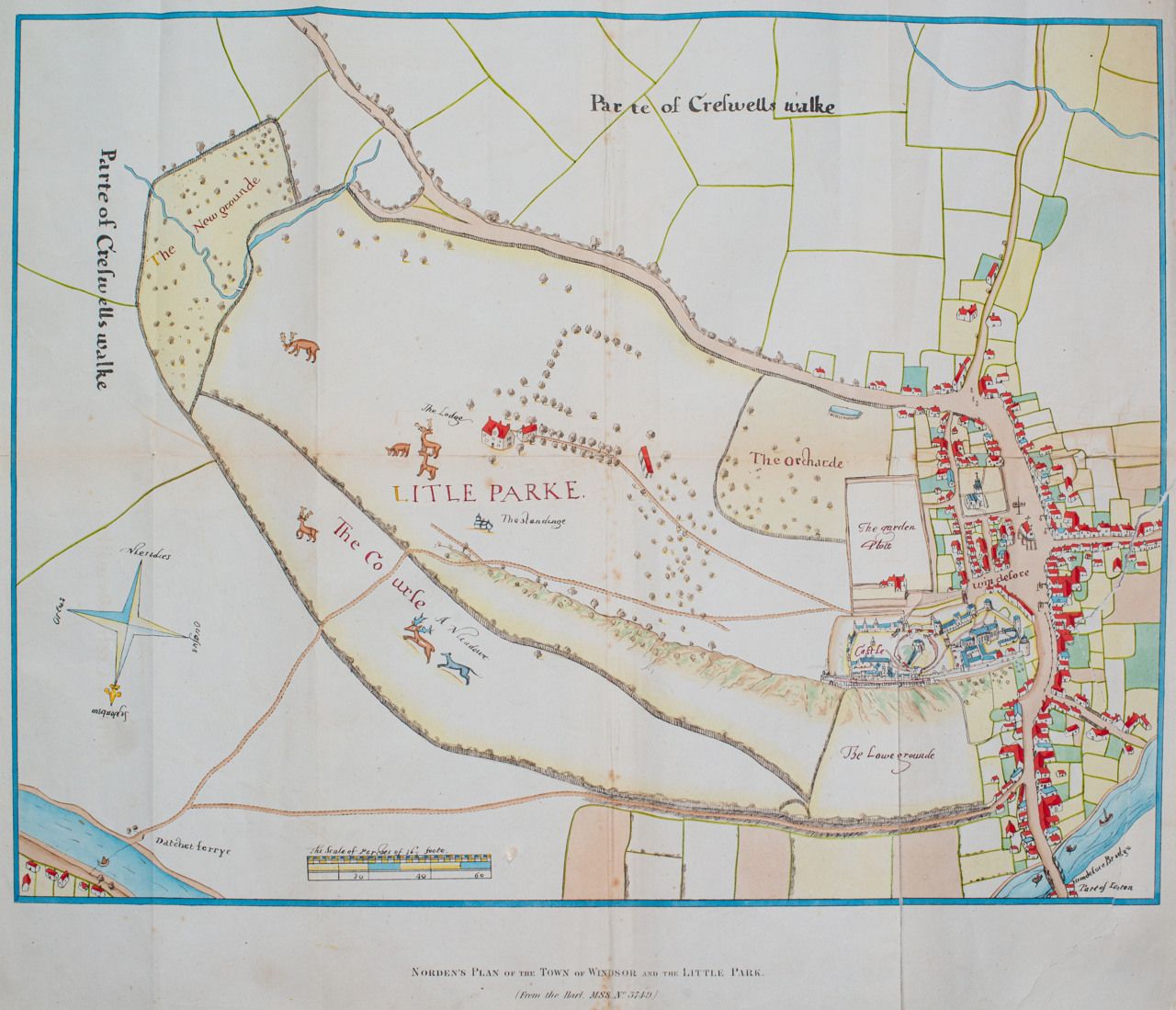 John Norden’s plan of Windsor and the Little Park, 1607, in a later printed reproduction. The deer and lodge occupy the park; the castle and town stand at the right, with Datchet ferry at the lower left and Windsor bridge at the lower right. The plan gives a visual setting for the comedy’s journeys between household, meadow, town, and park.