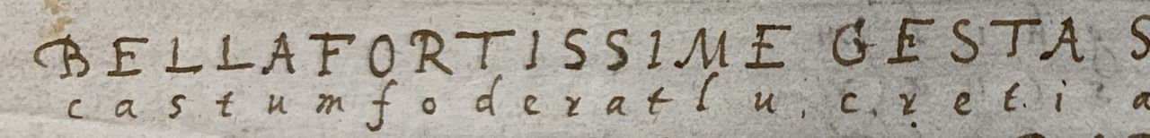 Enlarged beginning of the manuscript worked arrangement: BELLA with the key letters castum beneath it. The National Archives, PRO 30/50/8, following the leaf numbered 62.