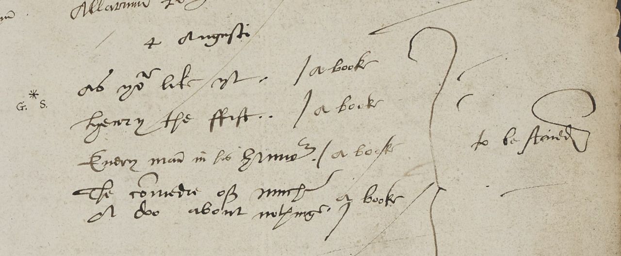 The four stayed plays, 4 August 1600. Enlarged entry on the flyleaf of Stationers’ Company, Liber C. Image: Stationers’ Company / Folger Shakespeare Library, Shakespeare Documented.
