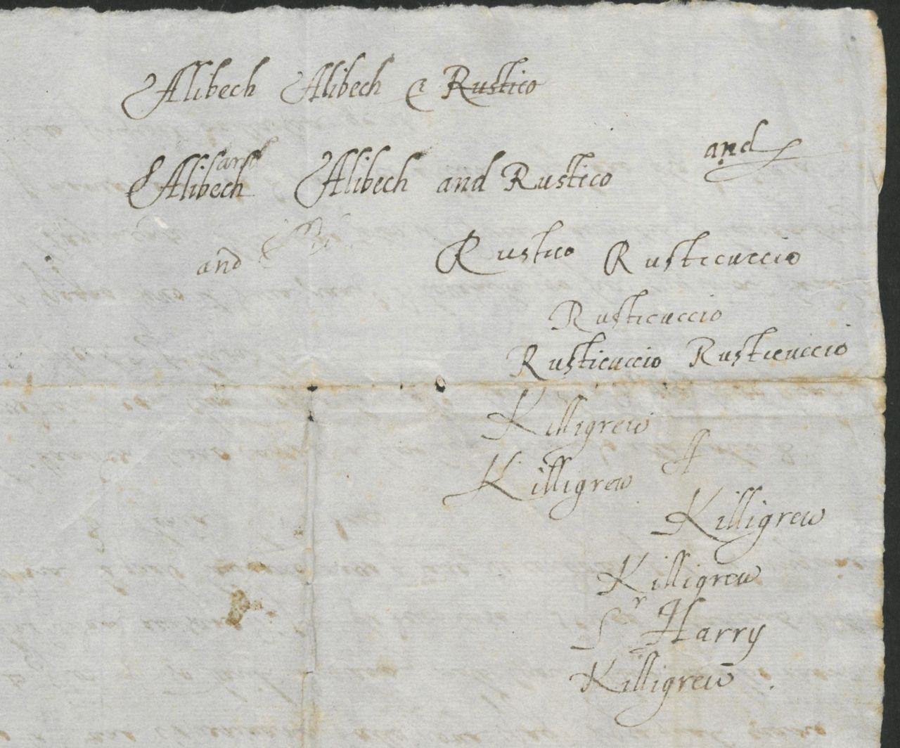 “Alibech,” “Rustico” and “Rusticuccio,” with repeated forms of “Killigrew,” on the reverse of Italian newsletter material preserved among Neville’s papers, 1591. The National Archives, PRO 30/50/70/2 (detail).